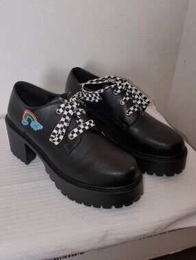 Like New KOI Footwear Black Platform Lace-Up Maryjanes Shoes with Rainbow Patch